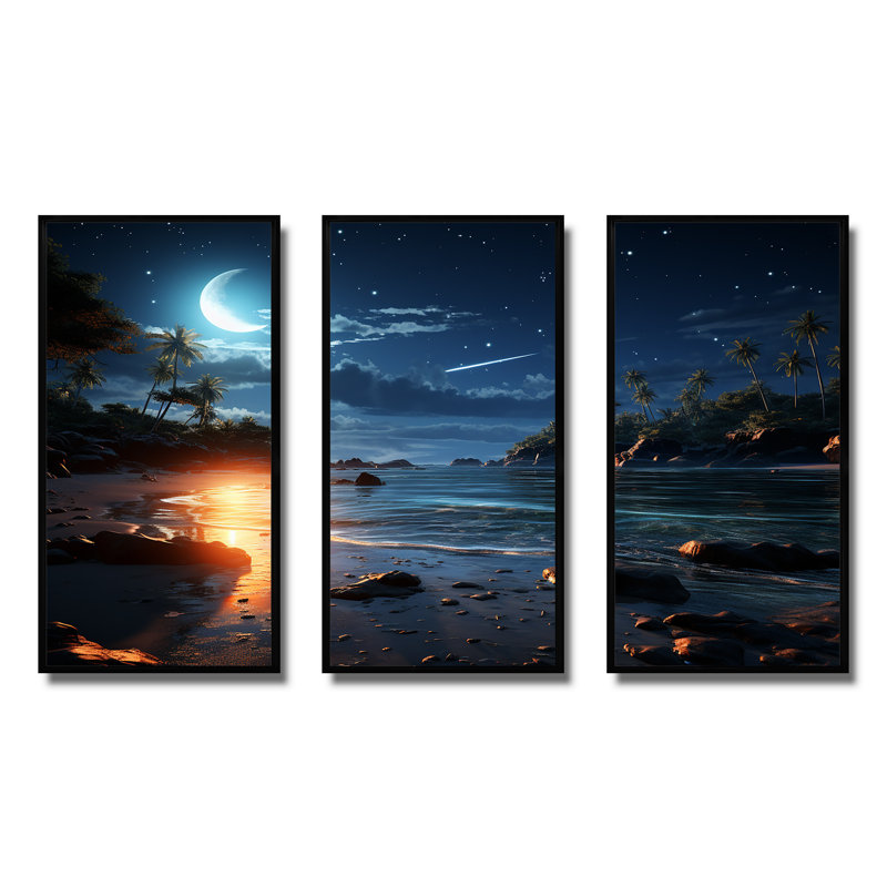 Mystic Tropical Beach Moonlight I - Art mural plage, H 28 po x l 36 po x P 1 po, Cadre flottant noir