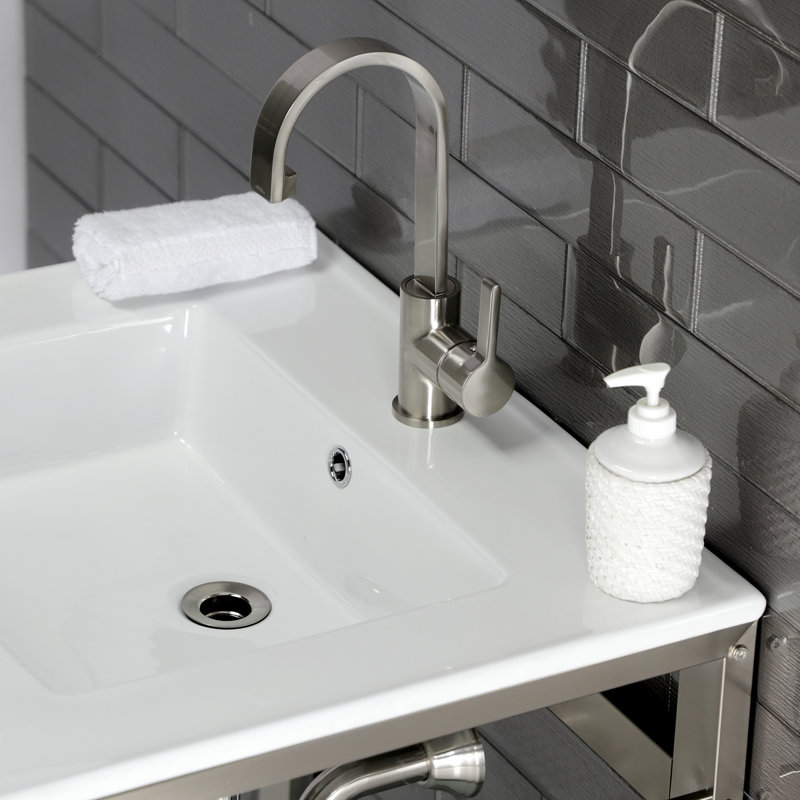 Kingston Brass Quadras 25-Inch Ceramic Console Sink with Stainless Steel Base and Shelf, White/Chrome, Single