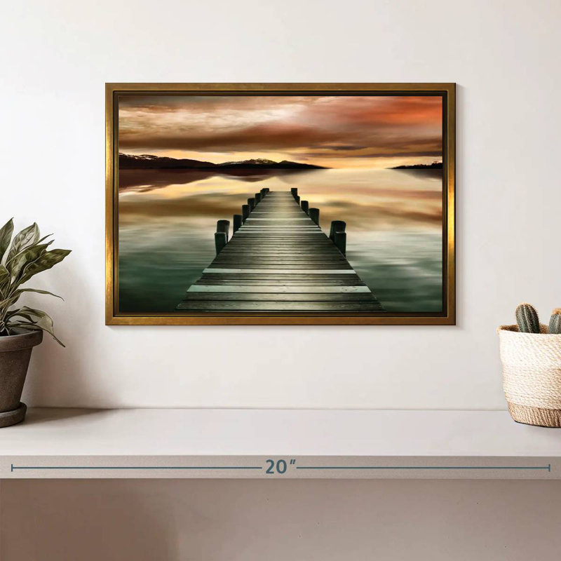 Jetée au coucher du soleil, Cadre flottant doré, 13 po x 9 po