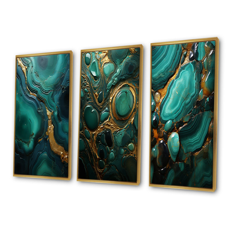 Spiritual Stone Malachite Renewal - Ensemble d'art mural sur toile Geode, Cadre flottant doré, H 28 po x l 36 po