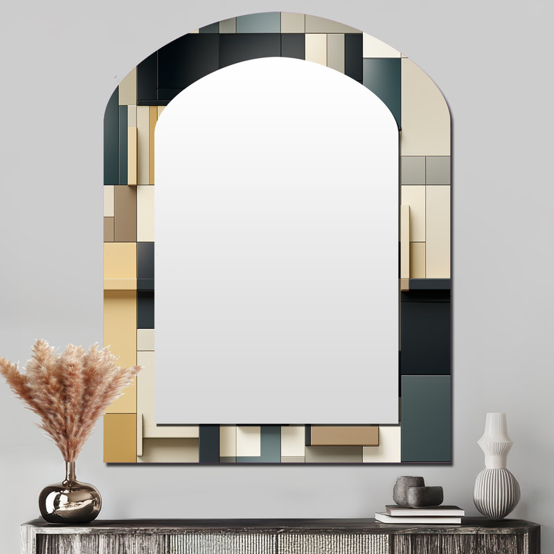 Parrsboro Taupe Geometric Blocks Harmony - Geometric Arch Decorative Mirror, Modern Asymmetrical Wall Mirror, Printed Metal Art