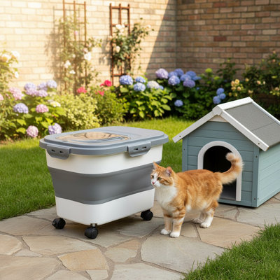 33LB Large Capacity Dog Food Storage Container, Collapsible Dog Food Container With Airtight Lid, Wheels, Foldable Cat Food Storage Container For Dogs Cats, Gray