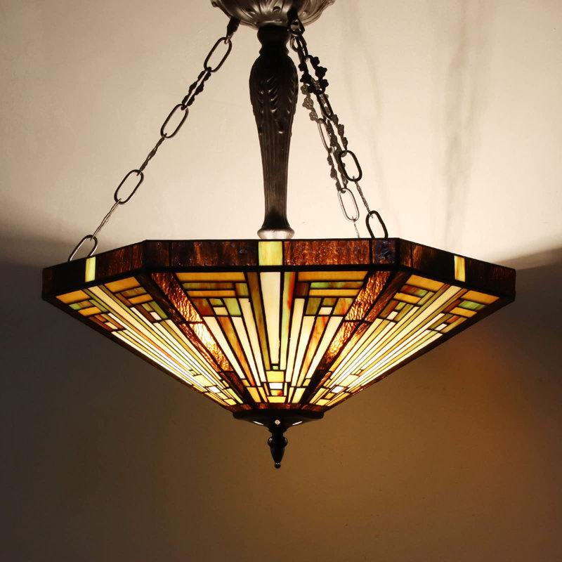Grande lampe suspendue en verre coloré 3 lumières de 25 pouces Tiffany, H 23 po x l 22 po x P 22 po