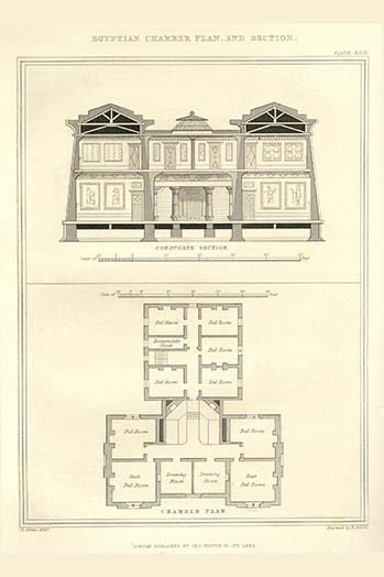 Impression d’art graphique, "egyptian interior plan" par richard brown, H 42 po x l 28 po x P 1,5 po