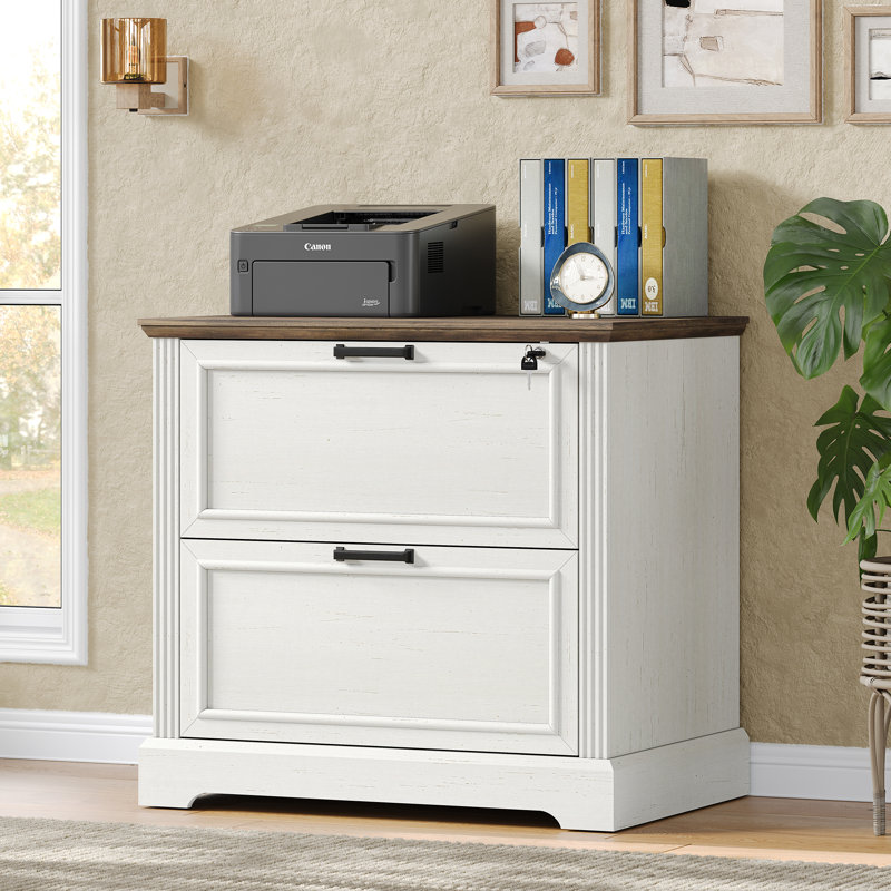Buckhorn 31.5" Farmhouse Filing Cabinet with 2 Drawers,Office Storage Cabinet with Lock for Home Office,Off White/Brown