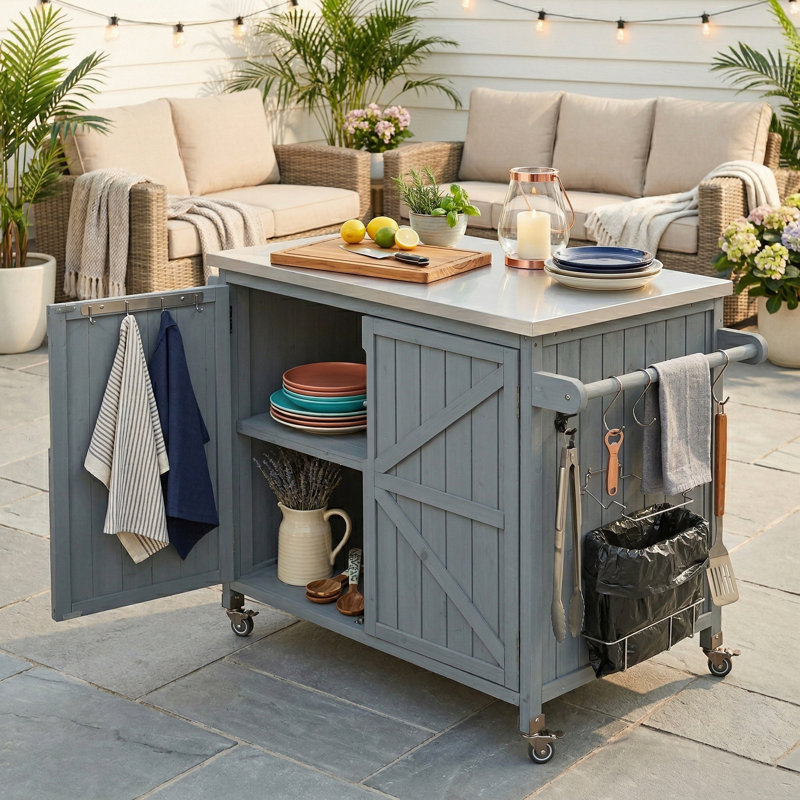 Table de rangement extérieure mobile avec plusieurs fonctions de rangement, Bleu gris