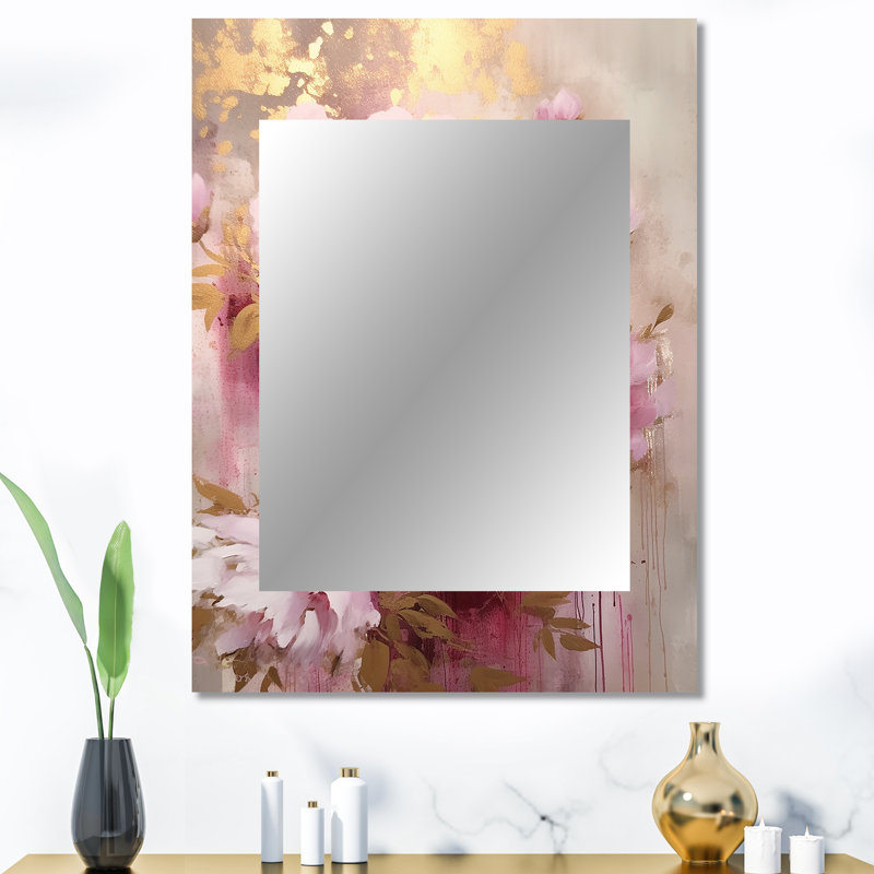 Pink And Gold Peonies In Radiance - Large Wall Mirror On Metal, 40" x 30"