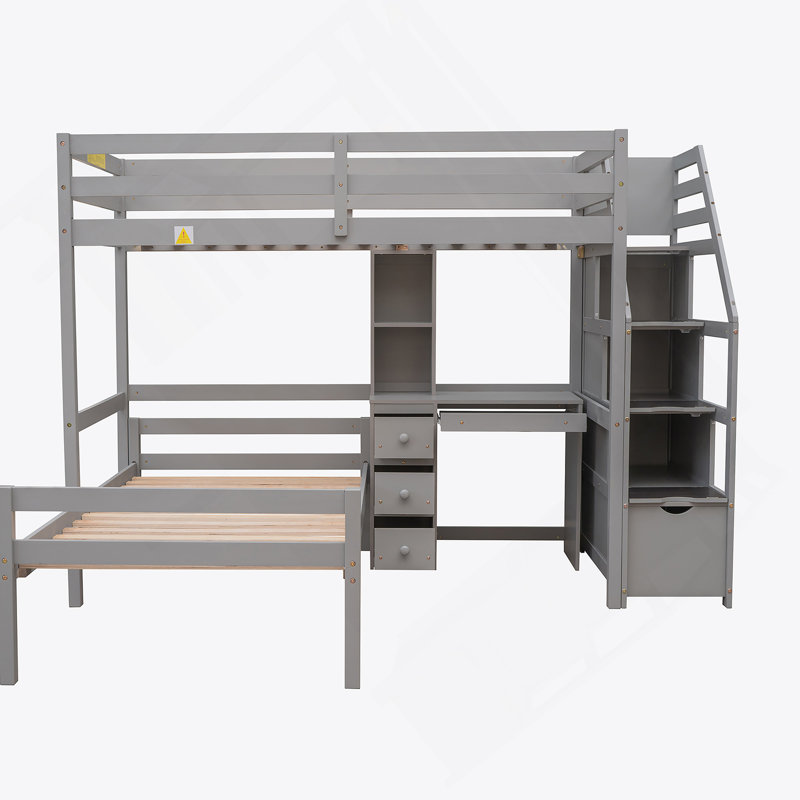Lit mezzanine simple avec lit autonome, escalier de rangement, bureau, tablettes et tiroirs, Gris