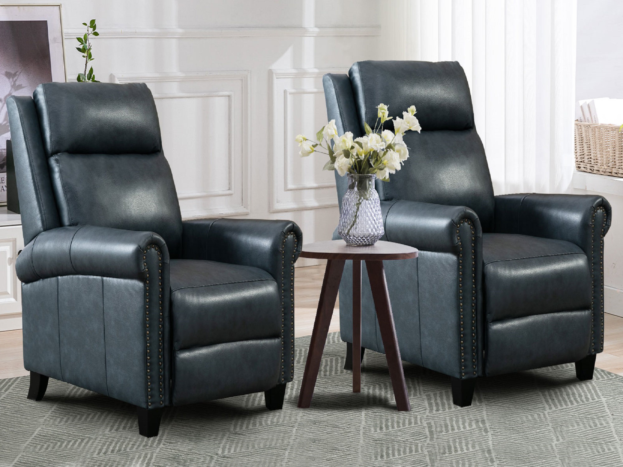 34 Wide Classic and Breathable Top Grain Genuine Leather Pushback Recliner Set of 2 Red Barrel Studio Upholstery Color Blue Gray