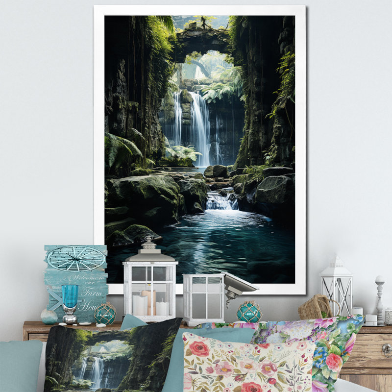 «Brinlie Waterfall Hidden Oasis II», reproduction sur toile, Cadre simple blanc, H 32 po x l 24 po x P 1 po