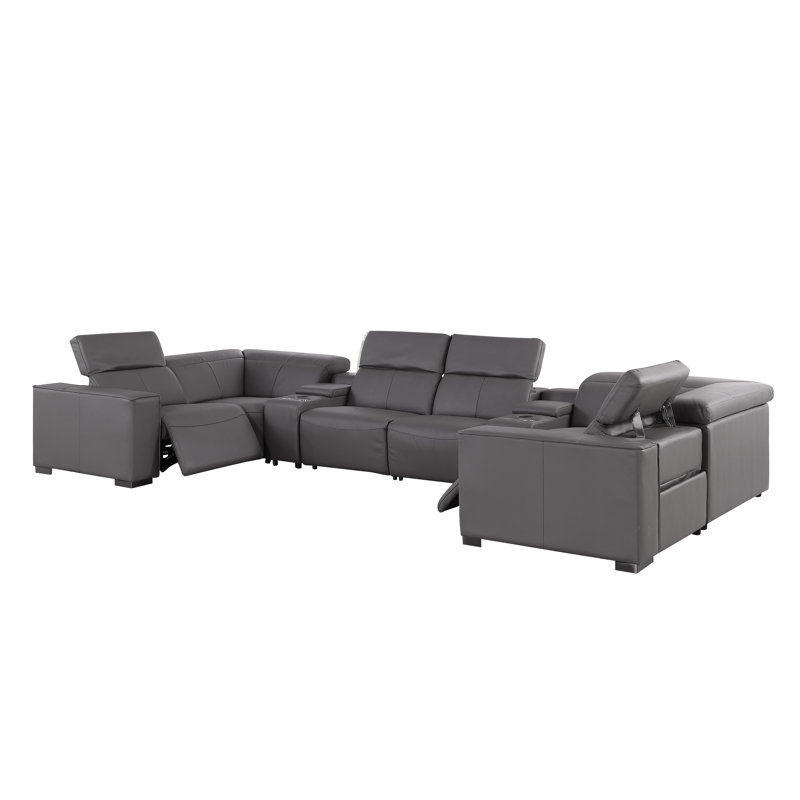 Luxueux modulaire inclinable en cuir véritable 8 pièces avec appuis-tête électriques Redondo, Gris