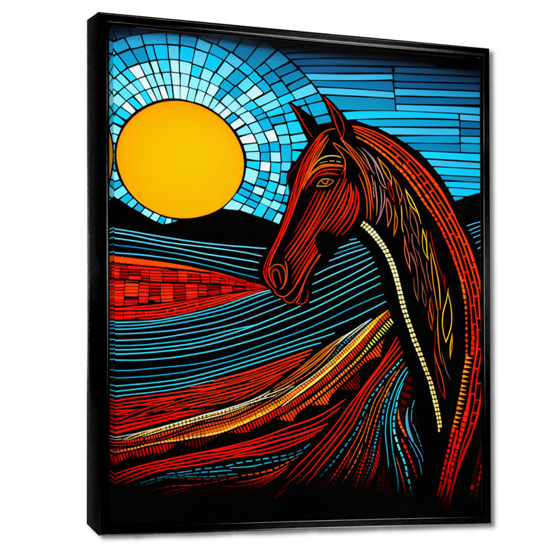 Pleine lune cheval abstrait, art mural cheval, H 20 po x l 12 po, Toile flottante noire encadrée
