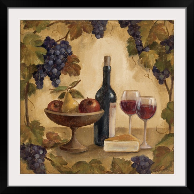 «Wine and Cheese I» par Silvia Vassileva, reproduction d'art, H 28 x l 28 po x P 1 po, Cadre noir