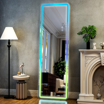Miroir pleine grandeur avec miroir de plancher à lumière DEL RVB mural, blanc