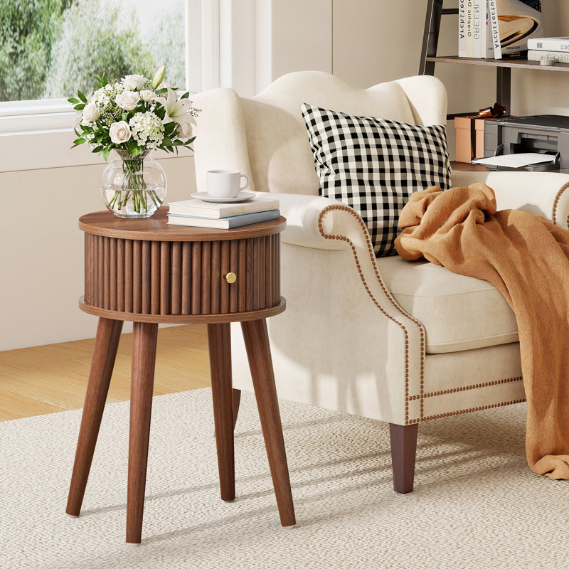 Round End Table with Solid Wood Legs, Walnut