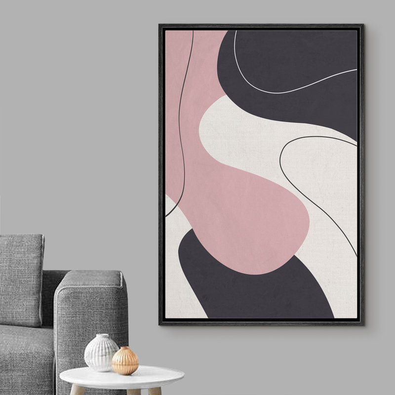Abstrait rose et formes foncées avec ligne - cadre flottant, impression sur toile, H 36 po x l 24 po x P 1,5 po, Cadre noir