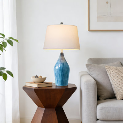 28" Ceramic Table Lamp for Bedroom, Nightstand Lamp with Linen Shade, Modern Glaze Bedside Lamp for Living Room, LED Bulb Included