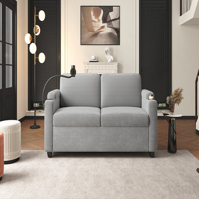72.8" Corduroy Sleeper Sofa Loveseat Sofa With Full Size Mattress, Two Usb Ports, Two Cup Holders, Two Side Pockets And A Phone Holder For Living Room