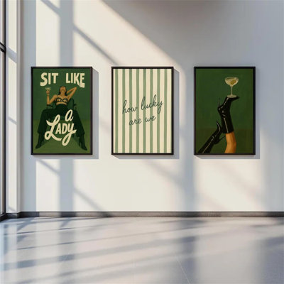 Ensemble de 3 art mural mode féministe audacieux vert rétro glamour fille Power High Heel Martini, impression sur toile How Lucky Are We, reproduction d'art pour appartement, chambre, salon