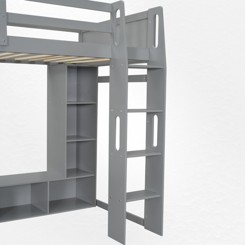 Wooden Gaming Loft Bed with Desk, Multi-Storage Shelves, LED Lights & Hanging Clothes Rack- Ideal for Bedroom, Dorm, and Home Office