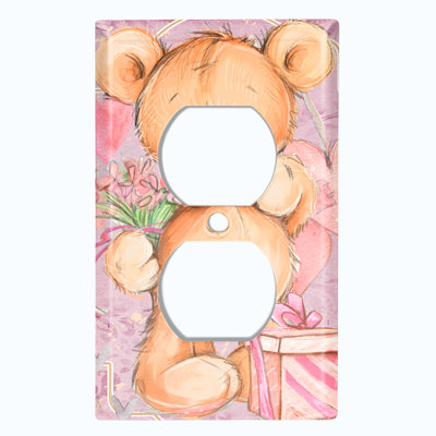 Metal Light Switch Plate Outlet Cover (Teddy Bear Love Hearts Present Flowers Blue - Single Duplex)