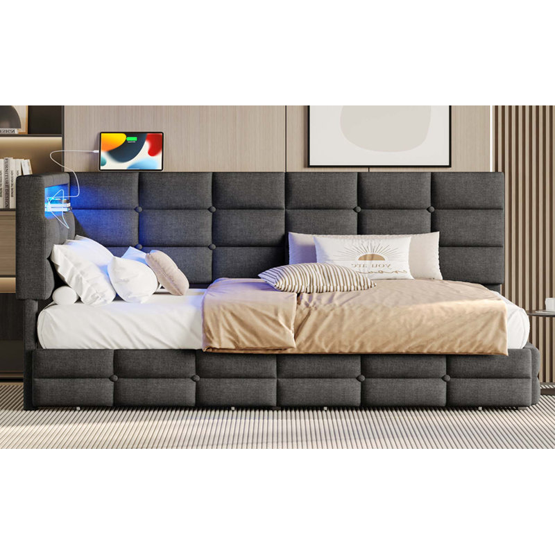 Upholstered Twin Size Daybed with Storage 2 Drawers and Charging Station, Day Bed Frame with LED Lights and Storage Headboard, No Box-Spring Needed