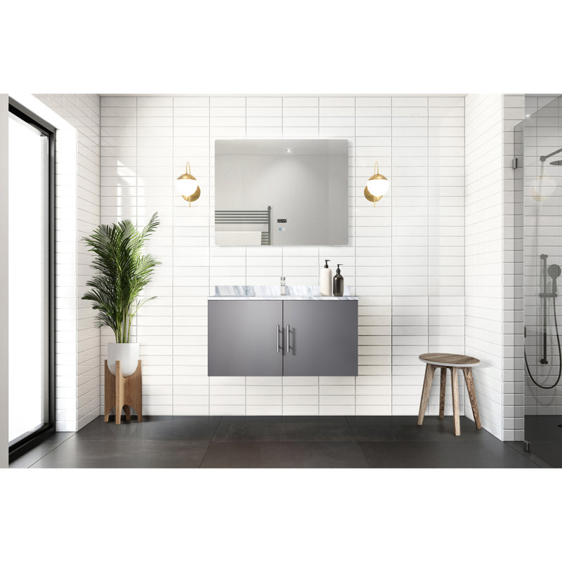 36 po Miroir à DEL et meuble-lavabo gris foncé avec plateau en marbre - étagères spacieuses, fabrication, rangement intérieur à fermeture en douceur, à endommager