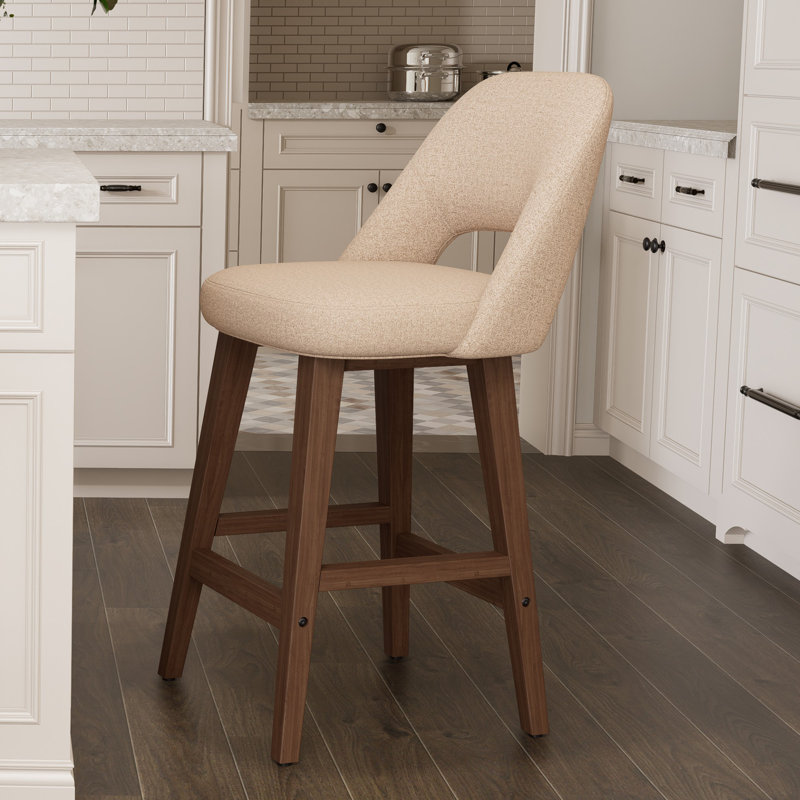 Tabouret de bar rembourré à dossier plein avec structure en bois massif, aucune installation requise, Beige / café