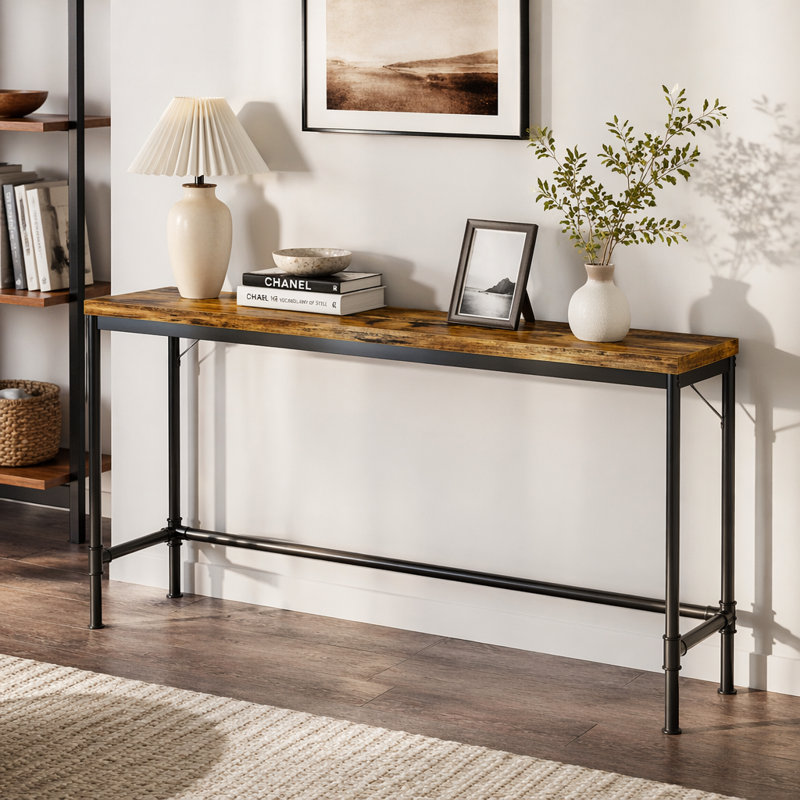 Console très longue de 70,9 po, canapé industriel étroit derrière le canapé, table de couloir d'entrée rustique, grande table à hauteur de bar pour le salon, brun et noir