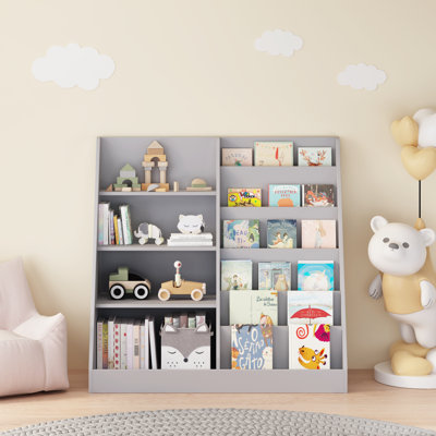 Kids Bookshelf and Toy Storage Organizer, Multi-Functional 4 Tier Wooden Bookcase Stand