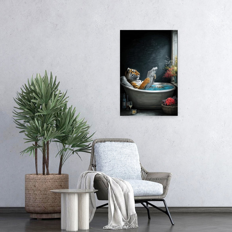 «Tiger in Bathtube 2», art mural tigre contemporain, H 24 po x l 16 po