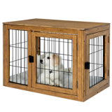 PETMAKER Furniture-Style Dog Crate - Acacia Wood Kennel with Double Doors and Cushion - Dog Cage Furniture