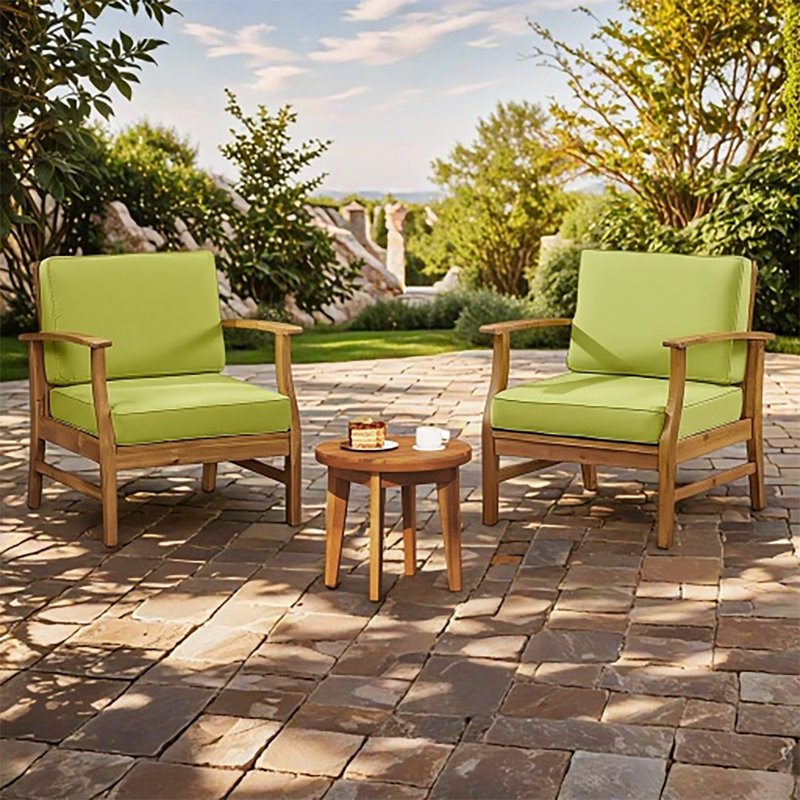 Gustau Outdoor 3-Piece Acacia Wood Conversation Set With Slatted Design & Cushions, Teak, Green