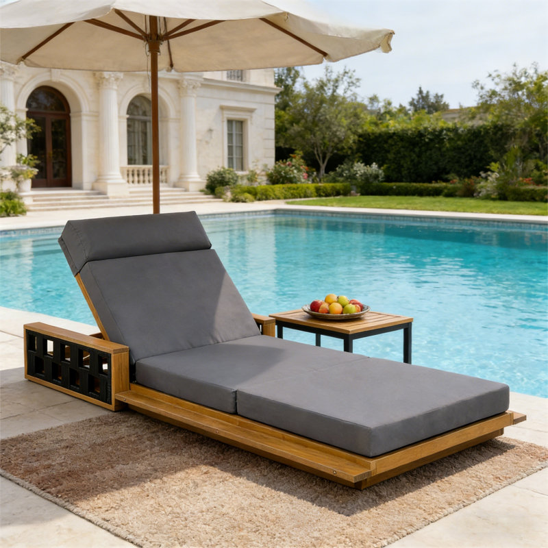 Ghodke Patio Acacia Wood Chaise Lounge With Adjustable Backrest & 4-Fold Cushion (Table Not Included), Dark Gray
