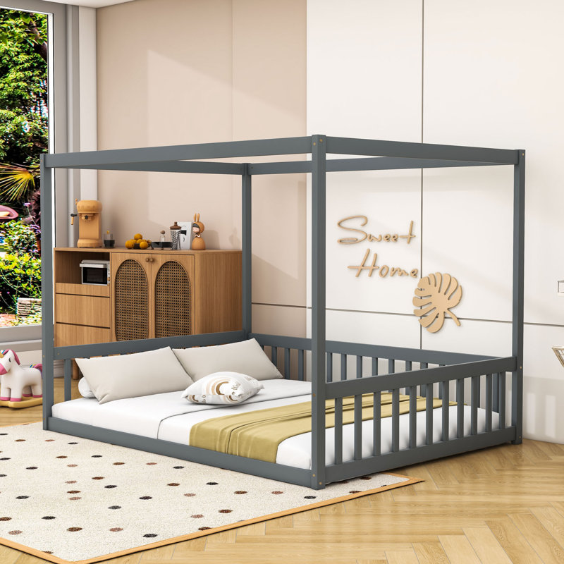 Lit à baldaquin en bois luxueux avec garde-corps, Double, Gris