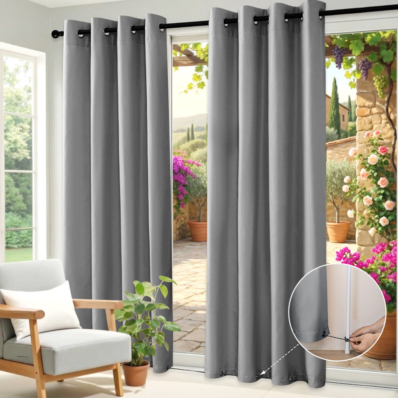 Abba Gray 100" W x 84" L Waterproof Grommet Top and Bottom Black Out Pergola Outdoor Single Curtain Panel, 100" W x 84" L
