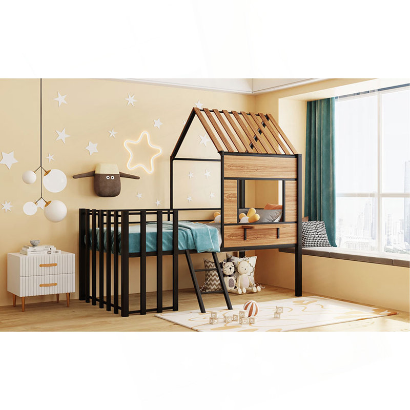 Metal Twin Size Loft Bed With Roof, Window, Guardrail, Ladder Black