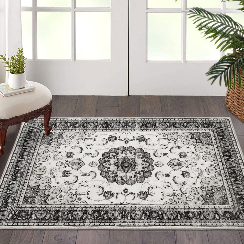 Washable Area Rug, Vintage Medallion Low Pile Non Slip Foldable Indoor Carpet, TPR Backing, Gray Tone, 2'x3', Gray