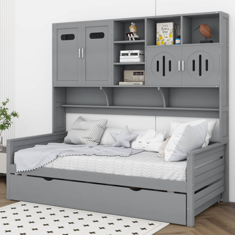 Wooden Daybed With Trundle & Bookcase Headboard, And All-In-One Storage Cabinet And Shelf, Twin, Grey