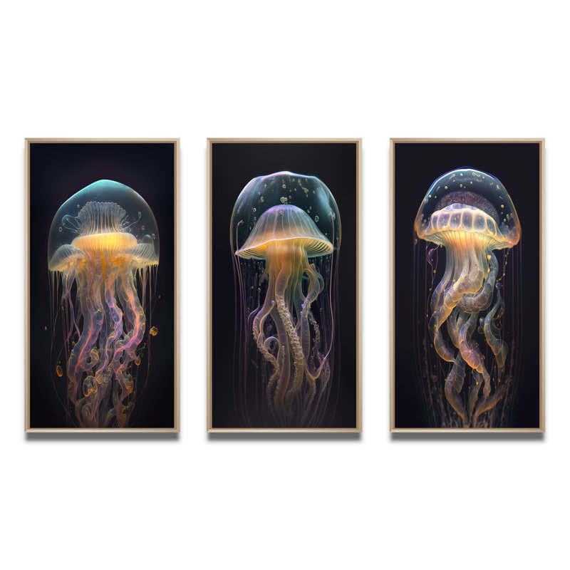 «Jellyfish», 3 pièces sur toile, Cadre naturel flottant, H 20 po x l 36 po