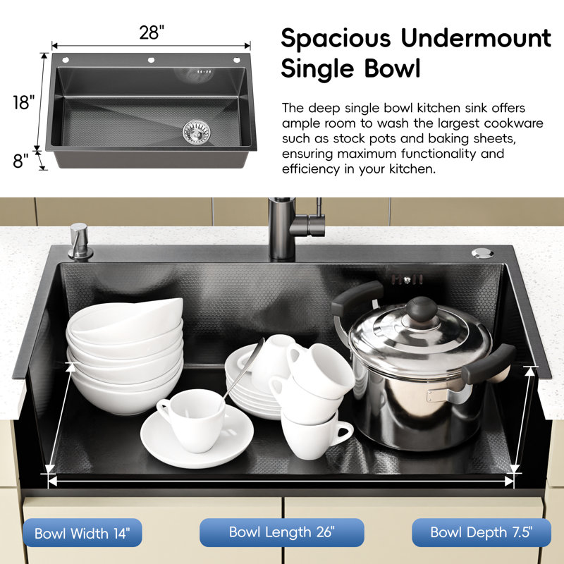 28" Single Bowl Stainless Steel Drop-In Kitchen Sink, Gunmetal Black