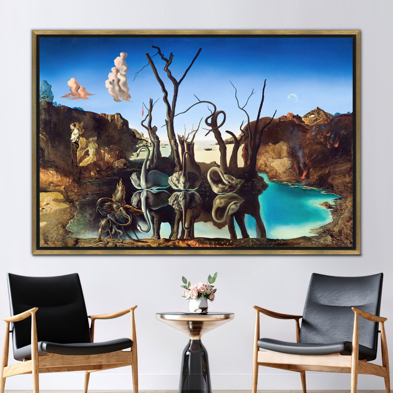 «Salvador Dali Swans Reflecting Elephants», affiche d'art - célèbre œuvre d'art surréaliste, H 39 po x l 93 po