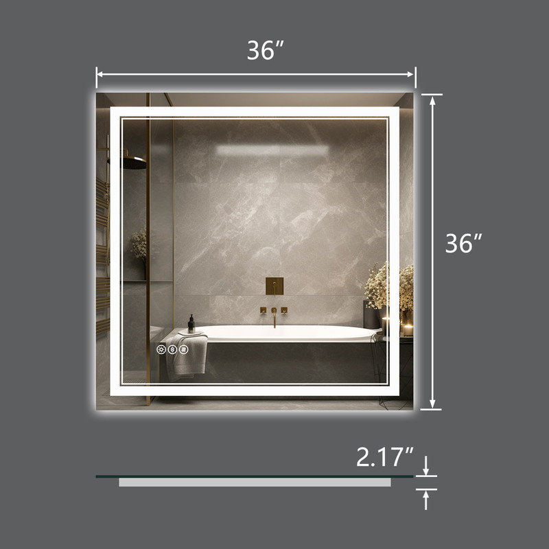 Harana Front and Back Lighting Dimmable Anti-Fog Bathroom/Vanity Mirror with Tempered Glass, 36" x 36"