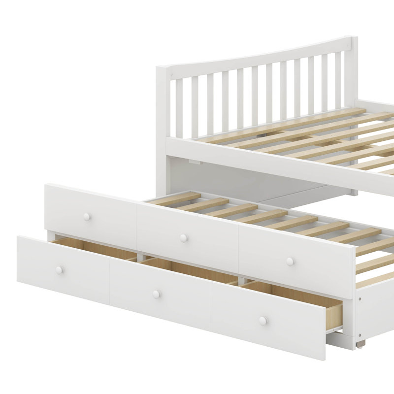 Lit de jour double avec lit gigogne simple et 3 tiroirs de rangement, lit capitaine en bois, lit plateforme en bois, Blanc