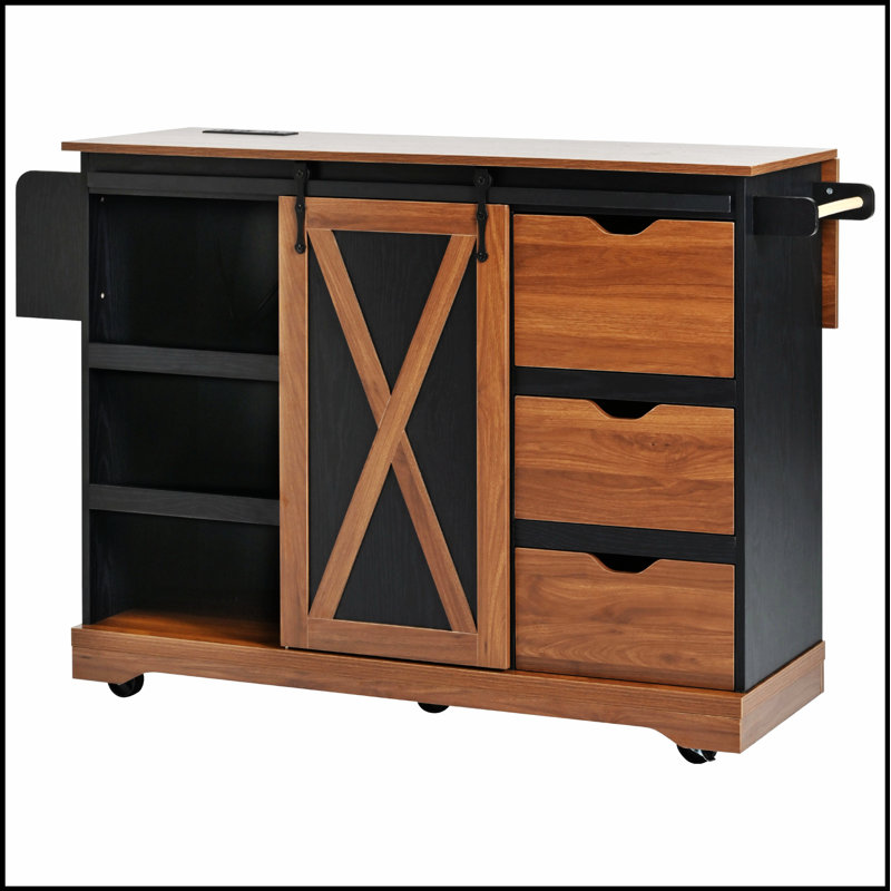 Îlot de cuisine de 55,5 pouces avec abattant, porte de grange, prise de courant et roulettes pour un rangement polyvalent et pratique