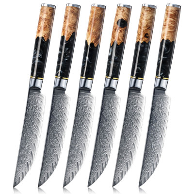 Senken Knives 6-Piece Damascus Steak Knife Set - Tsunami Collection - 67-Layer Japanese VG10 Steel - Razor Sharp Non-Serrated Blades, Resin & Natural Wood Pattern Handles, Luxury Gift Box