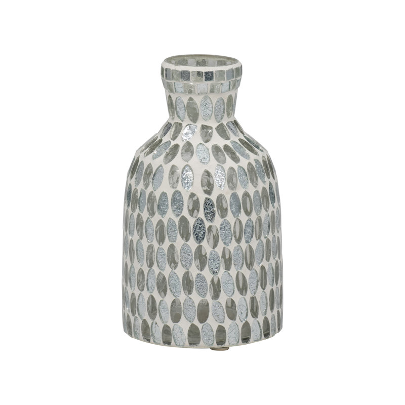 Glass Round Mosaic Vase, 7" H x 4" W x 4" D, Mosaic White