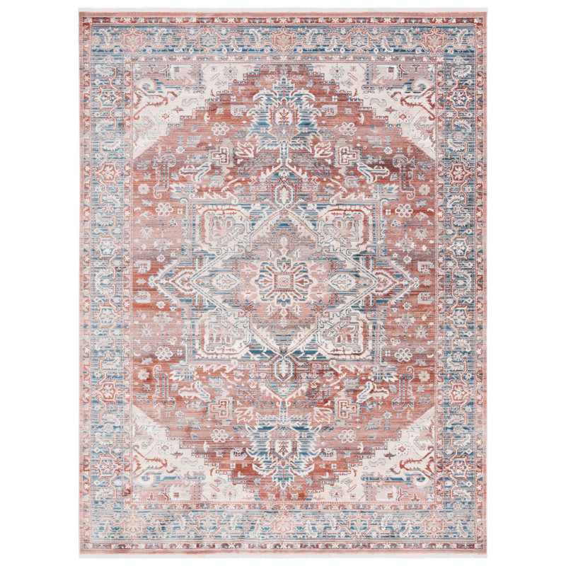 Tapis oriental tissé à plat en rouge / bleu marine / beige, Rectangle 8 pi x 10 pi
