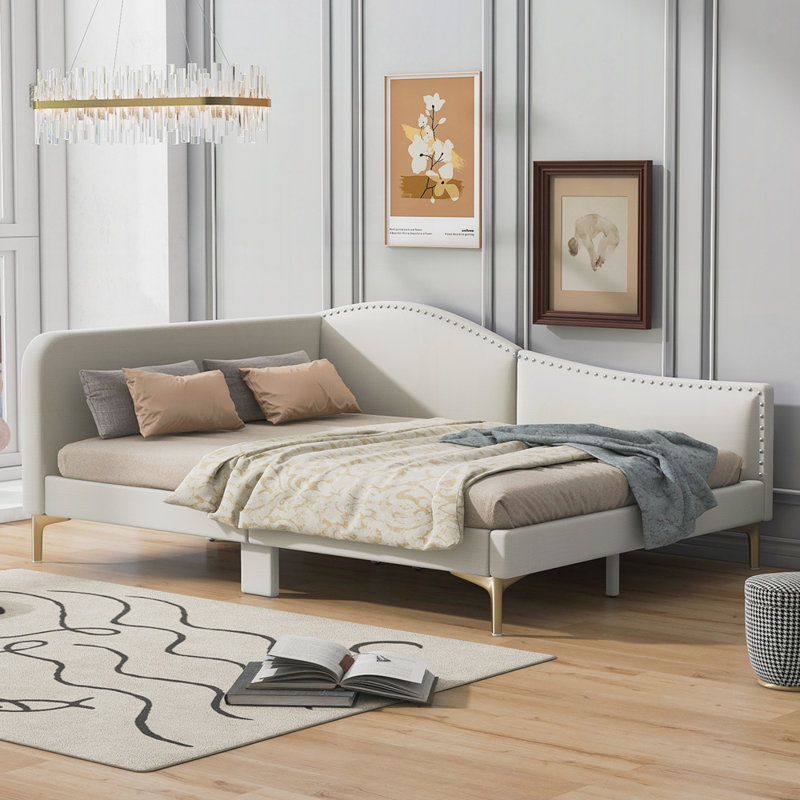 Lit de jour rembourré avec tête de lit et accoudoirs, Beige, Double