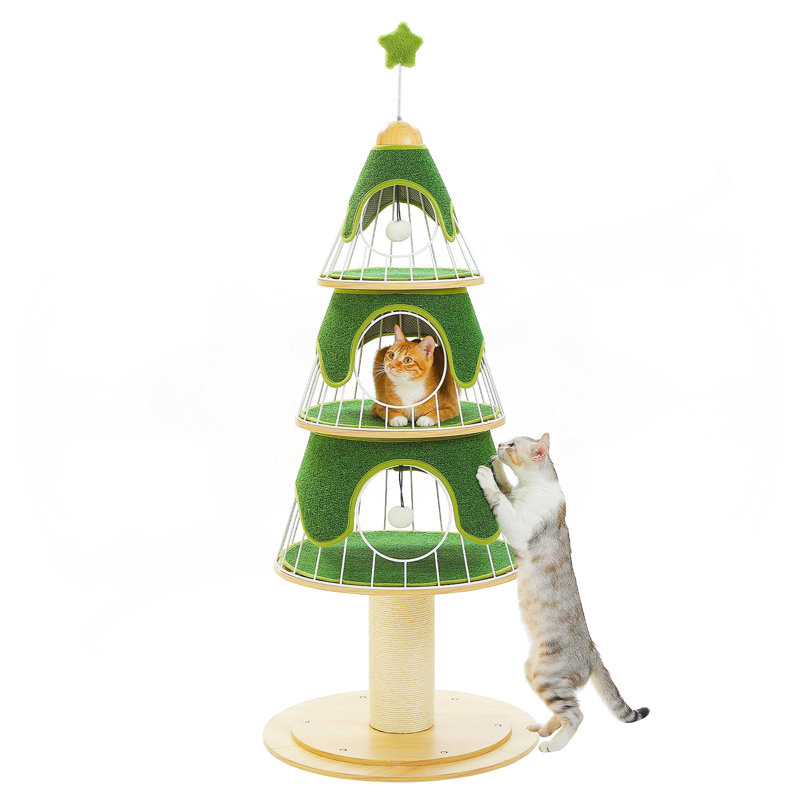 Arbre à chat moderne avec arbre à chat 51,2 pouces avec poteau à griffes épais (Φ5,4 po), tour à chat en bois, 3 condos - mobilier pour chat robuste, cadre en métal et tapis remplaçable pour chat d'intérieur